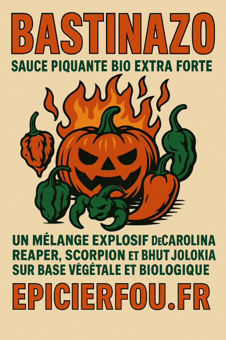 Image de sauce BASTINAZO – condiment bio au Carolina Reaper, Bhut Jolokia, potiron – branding EPICIERFOU.FR