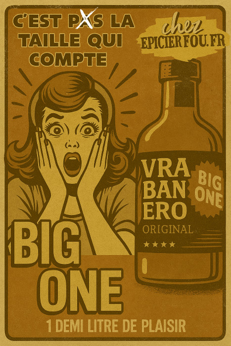 Illustration cartoon rétro sauce BIG ONE – Habanero Red Savina fermentée – EPICIERFOU.FR