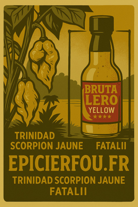Illustration cartoon rétro Brutalero Yellow – piments Fatalii & Scorpion – EPICIERFOU.FR