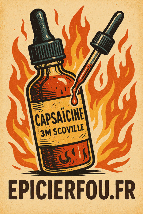 Illustration rétro cartoon d’une fiole de capsaïcine EPICIERFOU.FR avec pipette, flammes et symbole de chaleur extrême
