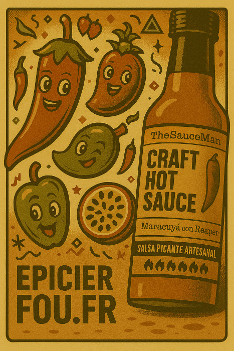 Illustration cartoon rétro sauce Carolina Reaper & fruit de la passion – EPICIERFOU.FR"
