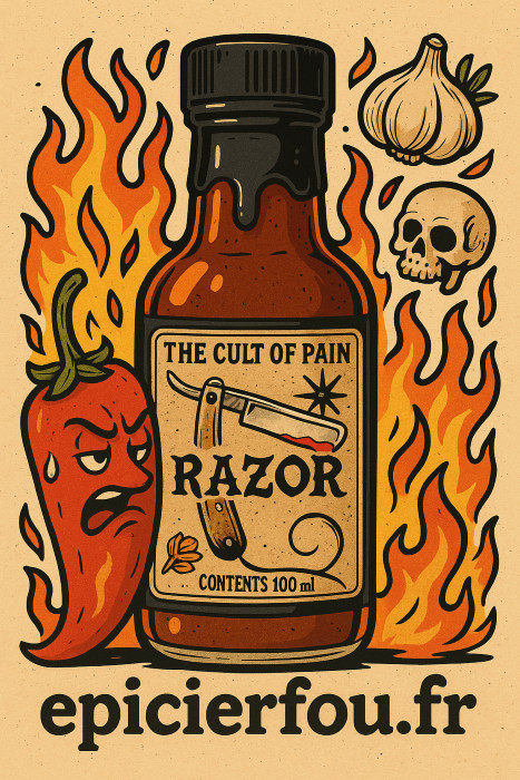 Illustration de la sauce piquante Razor Cult of Pain avec flammes et habanero sur EPICERFOU.FR