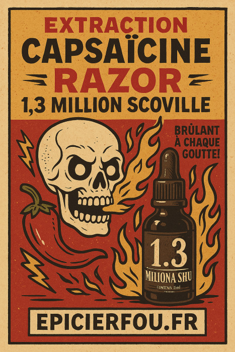 Illustration rétro cartoon de l’extrait de capsaïcine RAZOR 1,3 million Scoville, avec éléments visuels extrêmes et branding EPICIERFOU.FR