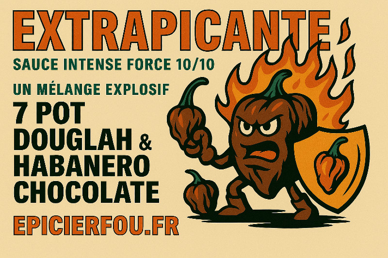 Visuel cartoon rétro ExtraPicante – Sauce intense Force 10/10 au piment 7 Pot Douglah et Habanero Chocolate – EPICIERFOU.FR