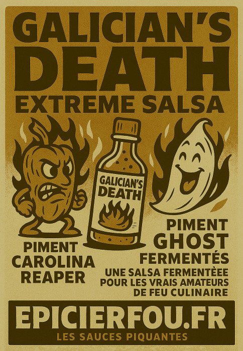 Illustration cartoon rétro sauce GALICIAN’S DEATH – Carolina Reaper & Ghost fermentés – EPICIERFOU.FR