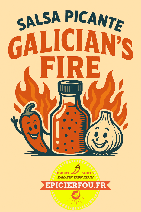Illustration rétro cartoon de la sauce Galician’s Fire aux jalapeños rouges grillés – branding EPICIERFOU.FR