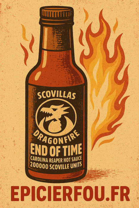Affiche dessinée sauce pimentée extrême 66 % Carolina Reaper avec effet de combustion et site EPICIERFOU.FR