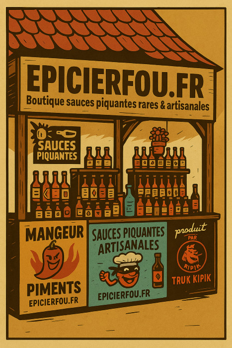 Illustration du stand EPICIERFOU.FR spécialisé en sauces piquantes artisanales – visuel coloré, ambiance marché, univers épicé.