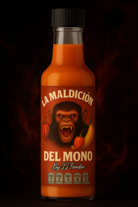 Bouteille de sauce piquante La Maldición del Mono avec illustration de singe en colère