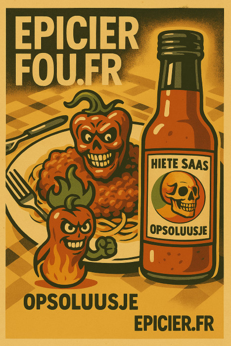 Illustration cartoon rétro de la sauce Opsoluusje – HIETE SAAS – bouteille artisanale belge – EPICIERFOU.FR