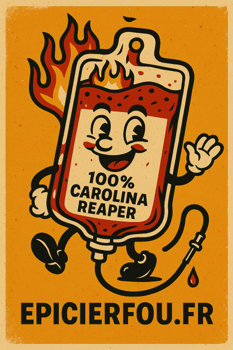 Image stylisée de sauce artisanale Carolina Reaper en poche de sang, avec effet cartoon rétro et site EPICIERFOU.FR