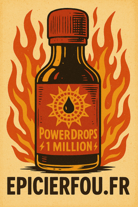 Dessin rétro vintage cartoon de la fiole POWERDROPS 1 million Scoville avec flammes, pipette et logo EPICIERFOU.FR