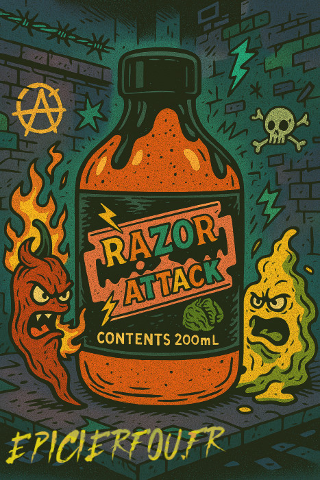 Illustration style punk de Razor Attack, sauce extrême au piment Reaper, moutarde et wasabi