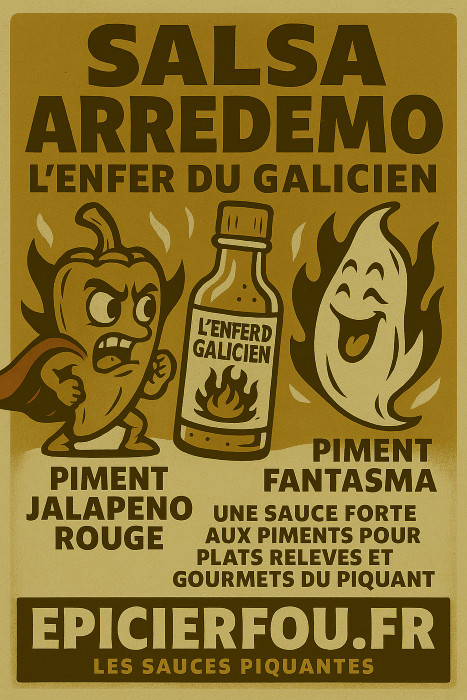 Illustration cartoon rétro Salsa ArreDemo – Jalapeno rouge & Ghost fermentés – EPICIERFOU.FR