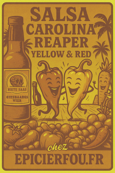 Illustration cartoon rétro sauce Carolina Reaper jaune & rouge – EPICIERFOU.FR