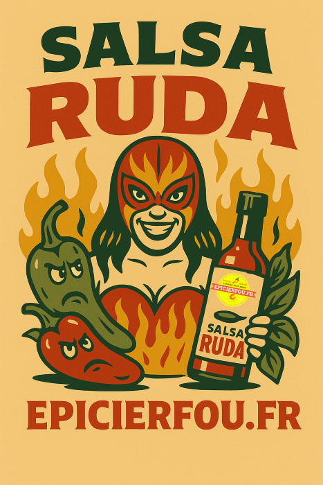 Illustration rétro cartoon sauce SALSA RUDA – bio, piment serrano fermenté 3 ans – branding EPICIERFOU.FR