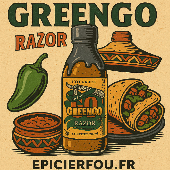 Illustration rétro vintage de la sauce Go Greengo Jalapeno & CBD avec piments et éléments de cuisine mexicaine - EPICIERFOU.FR
