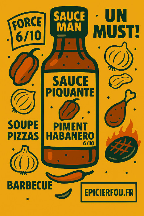 Étiquette cartoon sauce Habanero avec ingrédients affichés (ail, oignon, poivrons) – site Epicierfou.fr