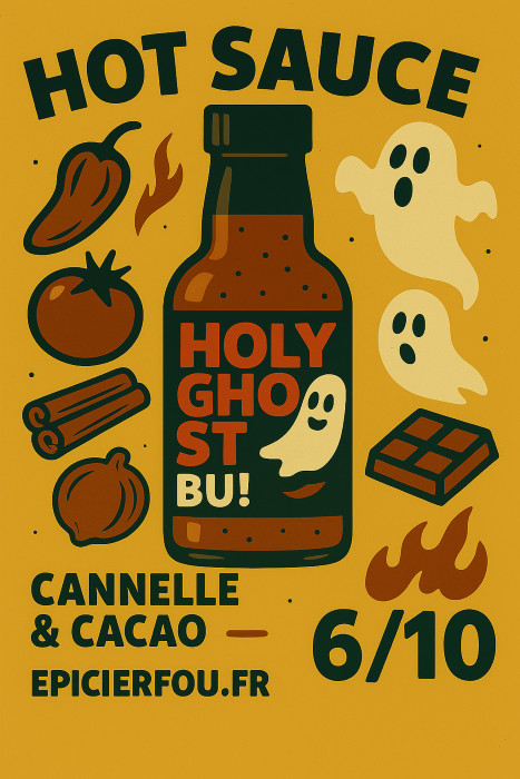 Image de sauce piquante Holy Ghost BU avec piments forts, canelle, cacao et branding Epicierfou.fr