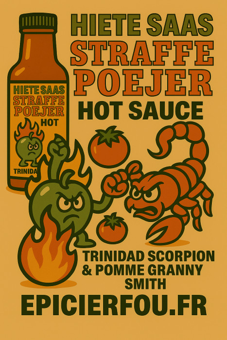 Illustration cartoon rétro sauce Straffe Poejer – Trinidad Scorpion & pomme Granny Smith – EPICIERFOU.FR