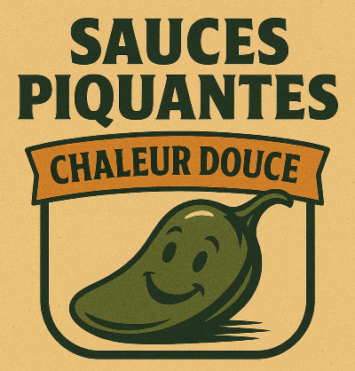 Logo rétro cartoon pour la catégorie Sauces Piquantes Chaleur Douce avec piment souriant et ambiance chaleureuse – EPICIERFOU.FR