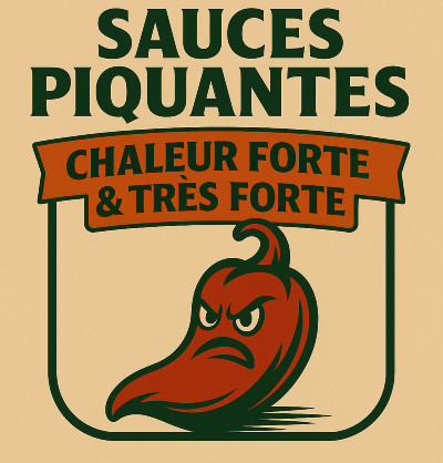 Logo rétro cartoon pour Sauces Piquantes Chaleur Forte & Très Forte avec piment expressif, flammes vives et texte EPICIERFOU.FR