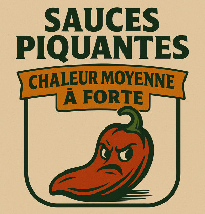 Logo cartoon vintage pour Sauces Piquantes Chaleur Moyenne à Forte avec piment expressif, style rétro et texte EPICIERFOU.FR