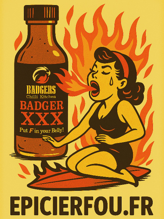 illustration rétro cartoon de la sauce BADGERS XXX au piment Carolina Reaper et Trinidad Scorpion – surfeuse vintage cracheuse de feu – branding EPICIERFOU.FR