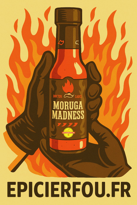 illustration rétro cartoon de sauce piquante extrême MORUGA MADNESS tenue par des gants, avec flammes en fond et branding EPICIERFOU.FR – piment Trinidad Scorpion
