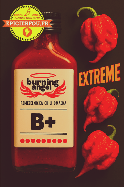 Bouteille de sauce extrême B+ avec piments Moruga Scorpion