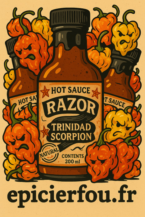 Illustration cartoon rétro de la sauce piquante Razor Trinidad Scorpion avec piments et flammes – EPICIERFOU.FR